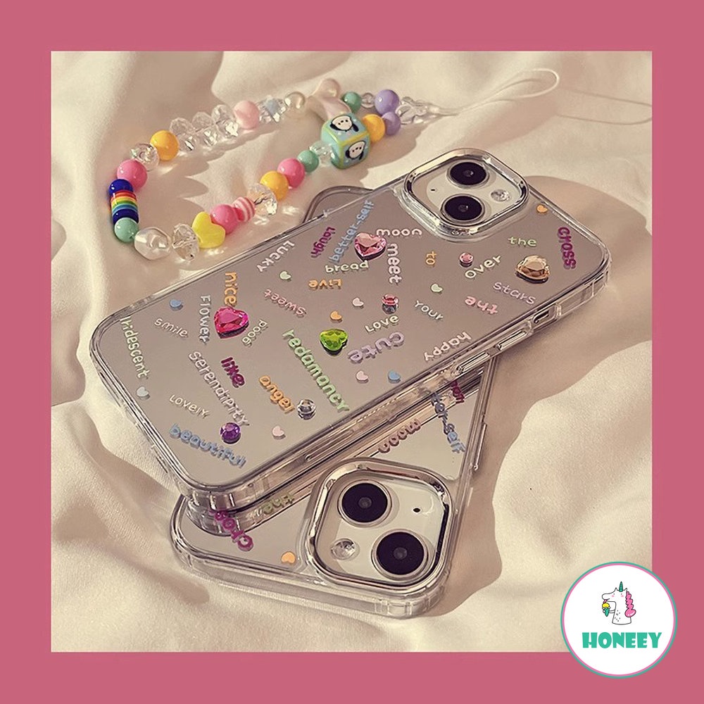 เคสโทรศัพท์มือถือ ปิดด้านหลัง ลายภาษาอังกฤษ พร้อมกระจกแต่งหน้า ประดับเพชร แวววาว หลากสี สําหรับ iPhone 15 14 Pro Max 13 12 12pro 11