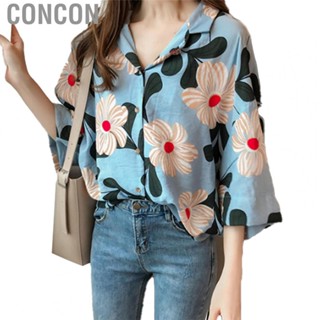 Concon V Neck Single Breast Blouse  Floral Printed Shirt Casual Pattern Neckline for Girl Dating