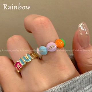 【Rainbow】แหวนนิ้วชี้ เคลือบสี แบบเปิด รูปตัวอักษร สําหรับผู้หญิง