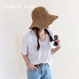 Misskoi [พร้อมส่ง] หมวกฟางปีกกว้าง กันแดด พับได้ เข้ากับทุกการแต่งกาย สไตล์เกาหลี สําหรับผู้หญิง