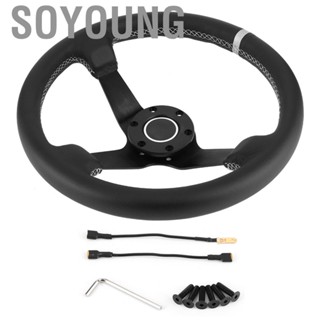 Soyoung 350mm/14in for SPARCO Style 6-Bolt Deep Dish Black Leather Racing Steering Wheel W/ Horn