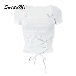 Sweeticme เสื้อยืดแขนสั้น คอสี่เหลี่ยม แต่งรูกลวง ลายผีเสื้อ สีพื้น แฟชั่นสําหรับผู้หญิง 2023