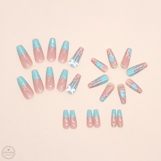 เล็บปลอม ประดับพลอยเทียม สีชมพู สีฟ้า สไตล์หวานแหวว นํากลับมาใช้ใหม่ได้ สําหรับตกแต่งเล็บ