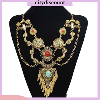 &lt;citydiscount&gt; สร้อยคอผู้หญิง หลายชั้น แฮนด์เมด ปรับได้ เครื่องประดับ สไตล์วินเทจ ชนเผ่า แกะสลัก