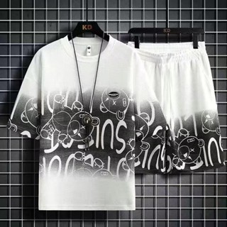 【M-5XL / 6 สี】ชุดเสื้อยืดแขนสั้น พิมพ์ลายการ์ตูนวาฟเฟิล ไล่โทนสี ลําลอง เหมาะกับฤดูร้อน สําหรับผู้ชาย