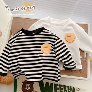 พร้อมส่ง เสื้อยืดคอกลม แขนยาว ทรงหลวม ลายทาง แฟชั่นฤดูใบไม้ผลิ และฤดูใบไม้ร่วง สําหรับเด็กทารกผู้หญิง