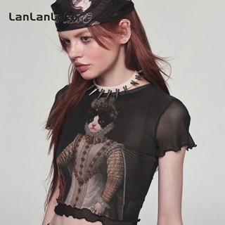 Lanlanlolo เสื้อยืด คอกลม แขนสั้น ผ้าตาข่าย พิมพ์ลายแมว สไตล์วินเทจ แฟชั่นสําหรับผู้หญิง 2023