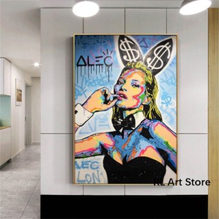 Kate Moss Bunny By Alec Monopoly Pop Art ภาพวาดผ้าใบ Hd ขนาดใหญ่ สําหรับตกแต่งผนังบ้าน