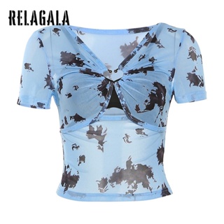 Relagala ใหม่ เสื้อยืดลําลอง แขนสั้น คอวี สีพื้น แฟชั่นสําหรับสตรี 2023