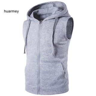 Huarmey เสื้อแจ็กเก็ตแขนกุด มีฮู้ด แต่งซิป สีพื้น แฟชั่นสําหรับผู้ชาย