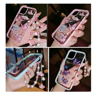 เคสโทรศัพท์มือถือ แบบใส ลายดอกไม้ ผีเสื้อ แต่งกลิตเตอร์ พร้อมเชือกคล้องสั้น สําหรับ Samsung S23 Ultra S23 Plus