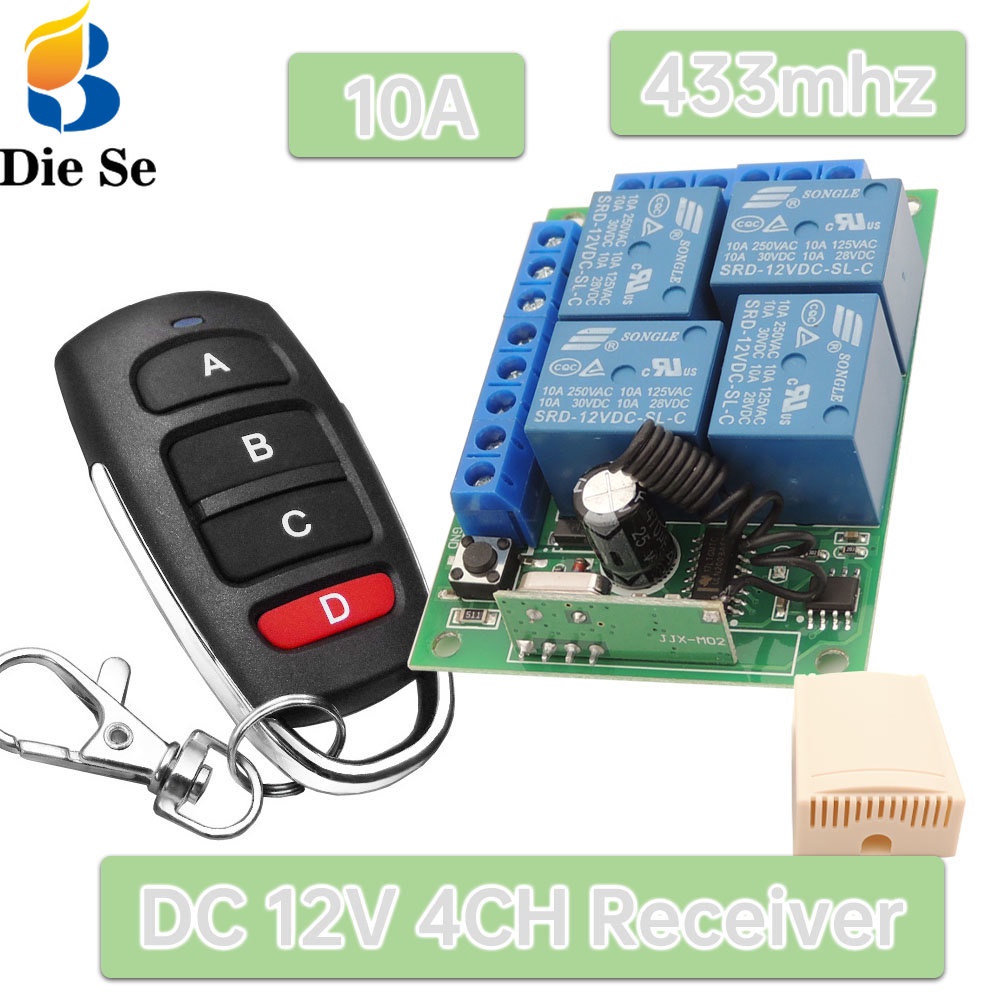 สวิตช์รับสัญญาณรีเลย์ไร้สาย 433Mhz Rf DC 12V 4 Ch 10A และตัวรับส่งสัญญาณ Rf สําหรับประตูเปิดไฟ Diy