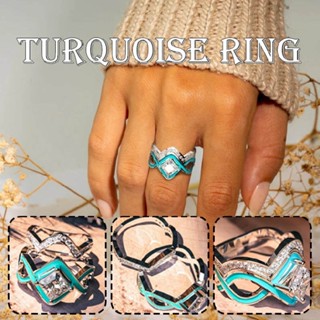 Turquoise Ocean Wave Ring Retro Bohemian Zirconia Rings for Women Jewelry