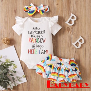 Babybaby- ชุดรอมเปอร์ คอกลม แขนสั้น พิมพ์ลายตัวอักษร + กระโปรงสีรุ้ง + ที่คาดผม ผูกโบว์ สําหรับเด็กผู้หญิง