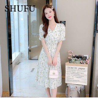 Shufu 5101 พร้อมส่ง ชุดเดรสยาว ผ้าชีฟอง แขนสั้น คอวี ลายดอกไม้ สไตล์เกาหลี พลัสไซซ์ สําหรับผู้หญิง