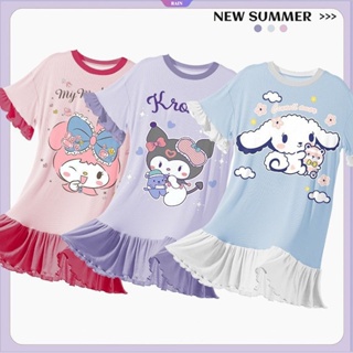 Sanrio ชุดนอนกระโปรง แขนสั้น ลายการ์ตูนอนิเมะ Cinnamoroll My Melody Kuromi ทรงหลวม โอเวอร์ไซซ์ สําหรับผู้ใหญ่ เด็ก [RAIN]