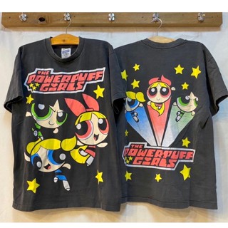 แฟชั่น The Power Puff Girl  Unisex Cotton งานใหม่ ทำเก่า ผ้าฟอกเฟดนุ่ม ไร้ตะเข็บข้าง สกรีนจม หน้าหลัง  เสื้อยืด