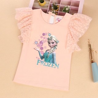 พร้อมส่ง เสื้อยืดแขนสั้น พิมพ์ลายการ์ตูน Frozen Elsa สําหรับเด็กผู้หญิง