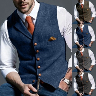 คุณภาพสูง Plaid Mens Waistcoat Lapel Vintage Vest Slim Business เสื้อกั๊กสูทอย่างเป็นทางการ