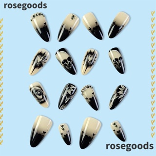 Rosegoods1 เล็บปลอม รูปหัวกะโหลก ดอกกุหลาบ ประดับเพชรเทียม ถอดออกได้ ใส่ได้นาน สําหรับปาร์ตี้ฮาโลวีน