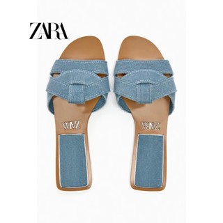 Zara รองเท้าแตะ พื้นแบน ผ้ายีน สีฟ้า สําหรับผู้หญิง777777-0725