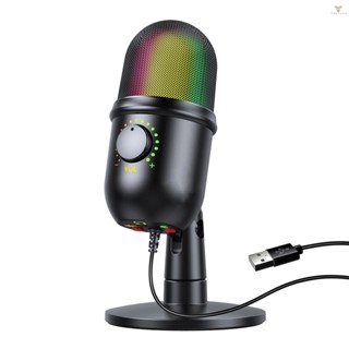 Fw ไมโครโฟนคอนเดนเซอร์ RGB Cardioid USB พร้อมเอฟเฟกต์แสงที่มีสีสัน ปุ่มเดียว ปิดเสียง ตรวจสอบแบบเรียลไทม์ พร้อมขาตั้งไมค์ตั้งโต๊ะ สําหรับแล็ปท็อป พีซี สตรีมมิ่ง วิดีโอ ประชุมทางไกล