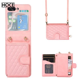 Hoce ZFlip5 เคสโทรศัพท์มือถือหนัง ฝาพับแม่เหล็ก พร้อมช่องใส่บัตร และสายคล้อง ถอดออกได้ สําหรับ Samsung Galaxy Z Flip 3 4 5 5G Flip4 Flip5