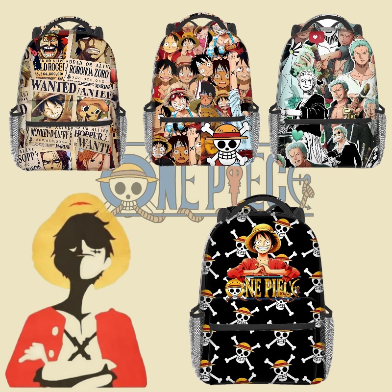กระเป๋าเป้สะพายหลัง กันน้ํา จุของได้เยอะ พิมพ์ลายการ์ตูน One Piece แบบพกพา สําหรับนักเรียน