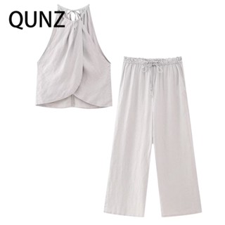 Qunz เสื้อกั๊ก และกางเกง ผ้าลินิน แฟชั่น 3829