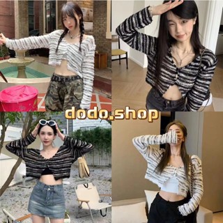 DODO*สินค้าใหม่พร้อมส่ง*เสื้อไหมพรมแขนยาวกระดุม2เม็ด คอวีดีเทลลายทาง(y2601)