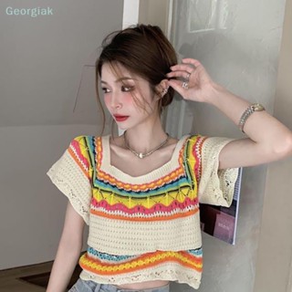 【Geor】เสื้อยืดครอปท็อป แขนสั้น คอสี่เหลี่ยม ผ้าถัก ลายทาง สไตล์โบฮีเมียน แฟชั่นฤดูร้อน สําหรับผู้หญิง GG