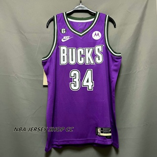 【คุณภาพสูง】ใหม่ ของแท้ บัคส์ NBA Milwaukee Bucks 2022-23 สําหรับผู้ชาย #34 เสื้อกีฬาแขนสั้น ลายทีม Giannis Antetokounmpo Classic Edition สีม่วง