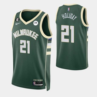 【คุณภาพสูง】ใหม่ ของแท้ NBA Milwaukee Bucks สําหรับผู้ชาย #21 เสื้อกีฬาแขนสั้น ลายทีม Jrue Holiday 2022-23 Icon Edition สีเขียว