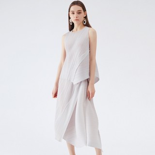 Miyake ชุดเสื้อสูทกระโปรงลําลอง จับจีบ สองชิ้น พลัสไซซ์ ใส่สบาย แฟชั่นฤดูร้อน สําหรับสตรี 2023