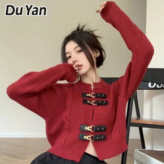 Du Yan เสื้อกันหนาว คาร์ดิแกน ผ้าถัก แต่งหัวเข็มขัด สไตล์เกาหลี สําหรับผู้หญิง