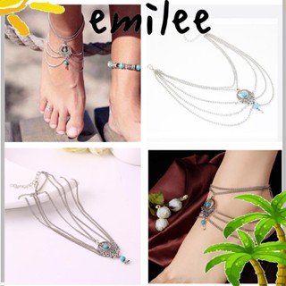 Emilee สร้อยข้อเท้า โซ่หนา หลายชั้น จี้เทอร์ควอยซ์ สีเงิน เทอร์ควอยซ์ เครื่องประดับแฟชั่น สําหรับผู้หญิง