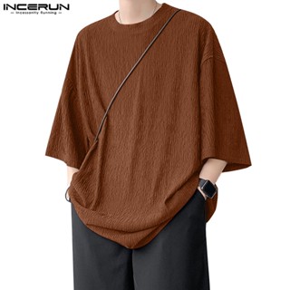 Incerun เสื้อยืด คอกลม แขนสั้น สีพื้น สไตล์เกาหลี สําหรับผู้ชาย