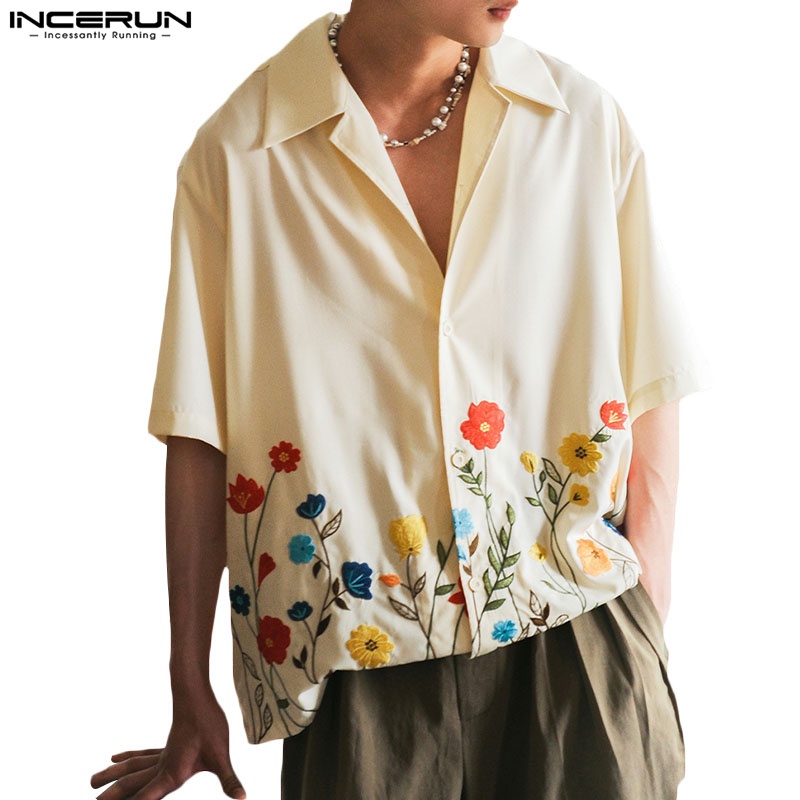 Incerun เสื้อเชิ้ตแขนสั้น ลายดอกไม้ หลากสี สําหรับผู้ชาย – โปรปัง