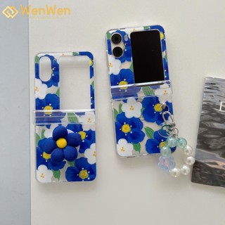 Wenwen เคสโทรศัพท์มือถือ แบบฝาพับ ลายดอกไม้ สีฟ้า พร้อมสายโซ่คล้อง สามชิ้น แฟชั่น สําหรับ OPPO Find N2