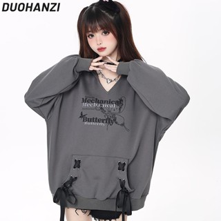 Duohanzi เสื้อกันหนาวลําลอง คอวี มีฮู้ด ทรงหลวม ลายผีเสื้อ ไบโอนิค สไตล์วินเทจ แฟชั่นฤดูใบไม้ผลิ และฤดูใบไม้ร่วง สําหรับผู้หญิง