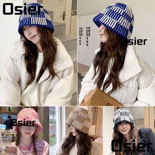 Osier1 หมวกบักเก็ตลําลอง ผ้าถัก ลายสก๊อต สีชมพู แฟชั่นฤดูหนาว สําหรับผู้หญิง