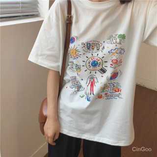 🌸CinGoo🌼ขาว  เสื้อยืดแขนสั้น เสื้อผ้าสตรี เกาหลี  พิมพ์หลวม นักเรียน เสื้อยืด แต่งตัวผู้หญิง SB8263