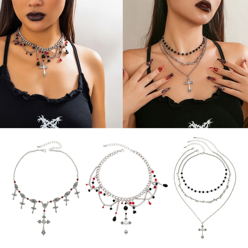Exp Dark Gothic Cross Fringe สร้อยคอโชคเกอร์สําหรับผู้หญิงเฉพาะโซ่กระดูกไหปลาร้า