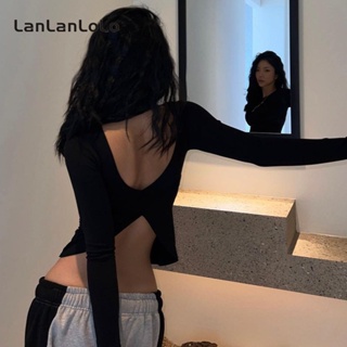 Lanlanlolo เสื้อท็อปส์ คอกลม แขนยาว เปิดหลัง เข้ารูป เซ็กซี่ สีพื้น แฟชั่นสําหรับผู้หญิง 2023