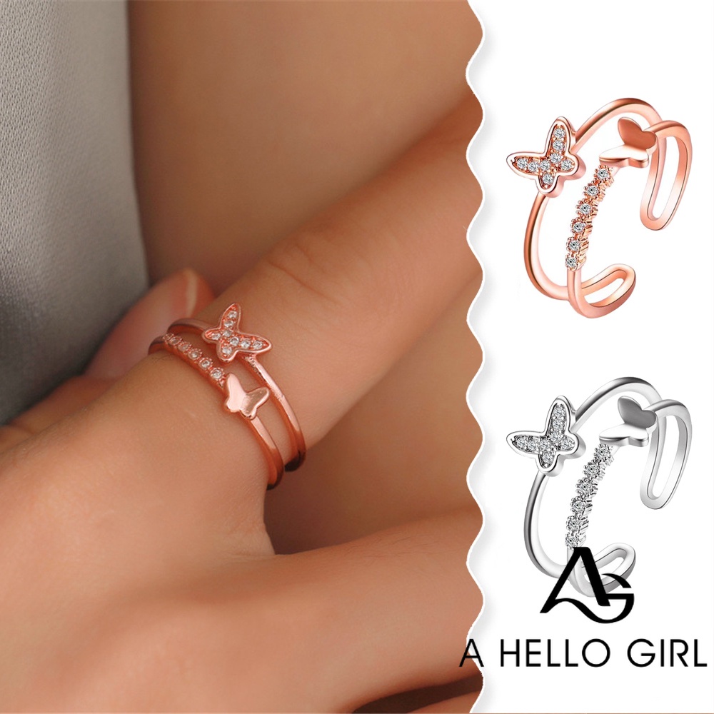 A HELLO GIRL แหวนแฟชั่น รูปผีเสื้อคู่ ประดับเพชร สีโรสโกลด์ ปรับได้ สําหรับผู้หญิง