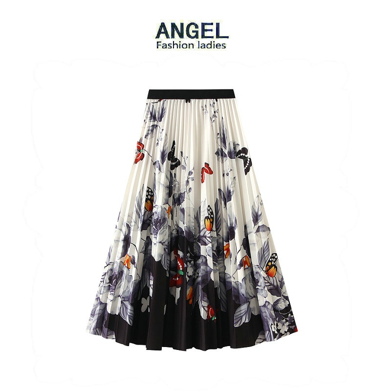 Angel กระโปรงยาว เอวสูง ทรงเอ จีบรอบ พิมพ์ลายผีเสื้อ แฟชั่นสไตล์เกาหลี สําหรับผู้หญิง