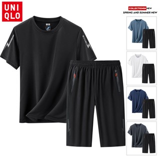 Uniqlo เสื้อยืดคอกลม พร้อมกางเกงครอป ระบายอากาศ บางพิเศษ คุณภาพสูง สําหรับผู้ชาย เหมาะกับการเล่นกีฬา ไซซ์ M-5XL