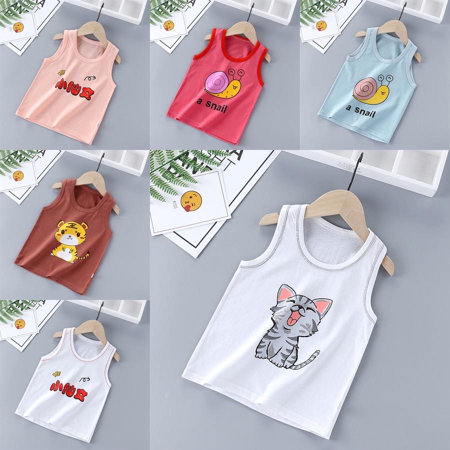 เสื้อยืด แขนกุด ผ้าฝ้าย ลายการ์ตูน แฟชั่นฤดูร้อน สําหรับเด็กผู้ชาย และเด็กผู้หญิง 73-120 เสื้อกล้ามรูเด็ก 6-9-12เดือน 1ขวบ 2ขวบ 3ขวบ 4ขวบ
