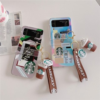 เคสโทรศัพท์มือถือ PC แข็ง กันกระแทก ลายการ์ตูนฉลากกาแฟน้ําแข็งน่ารัก พร้อมสายโซ่คล้อง สําหรับ Samsung Galaxy Z Flip 4 5G 3in1 Z Flip 3