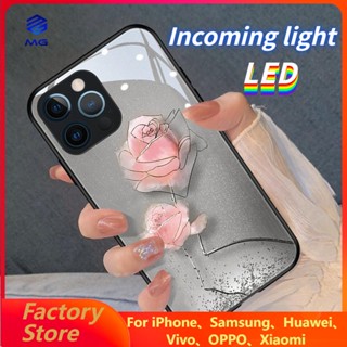 Mg เคสโทรศัพท์มือถือกระจก LED ลายดอกกุหลาบ สีเงิน สําหรับ Samsung S21ULTRA S21+ S22+ S22ULTRA S20+ A12 A72 A71 A52 A51 A32 A21S NOTE10+ NOTE20ultra S23 S23Ultra S23+ A14